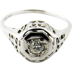 Vintage Art Deco Filagree 18K White Gold .25ct Diamond Solitaire #21